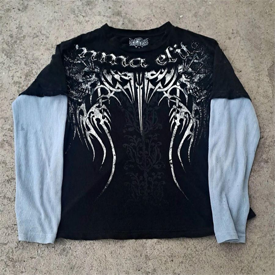 Siyah Gothic Punk MMA Elite Beyaz Kollu Cyber Grunge İnce Sweatshirt