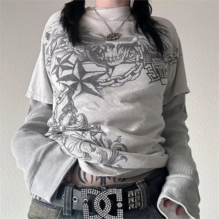 Gri Melanj Skull Chain Star Cyber Grunge Beyaz Kollu İnce Sweatshirt