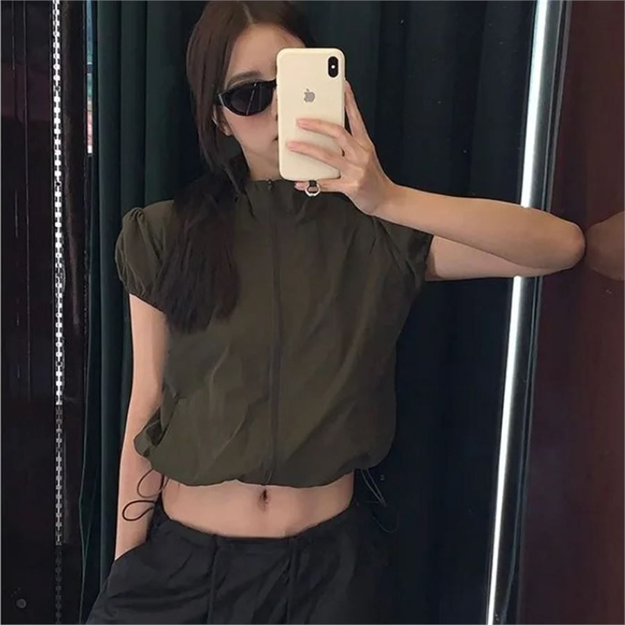 Haki Crop Top Kısa Kollu Paraşüt Ceket