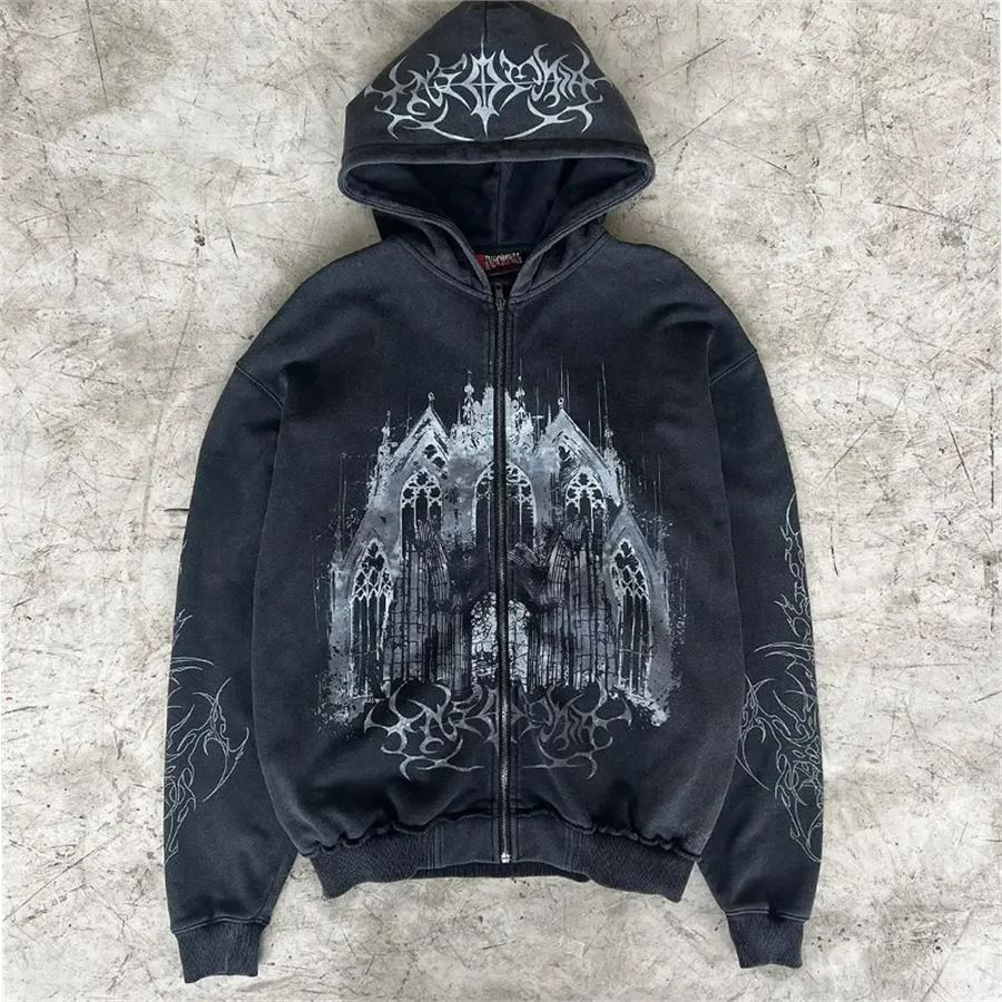 Siyah Gothic Castle Fermuarlı Kapüşonlu Sweatshirt