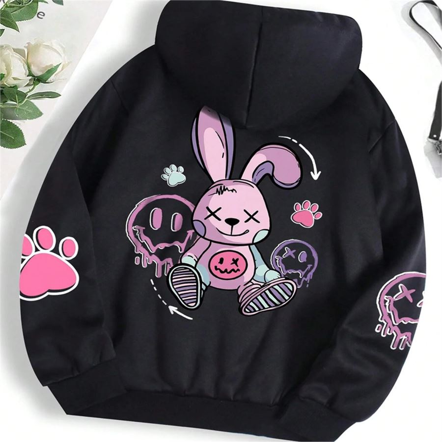 Siyah Cartoon Pink Rabbit Unisex Sweatshirt