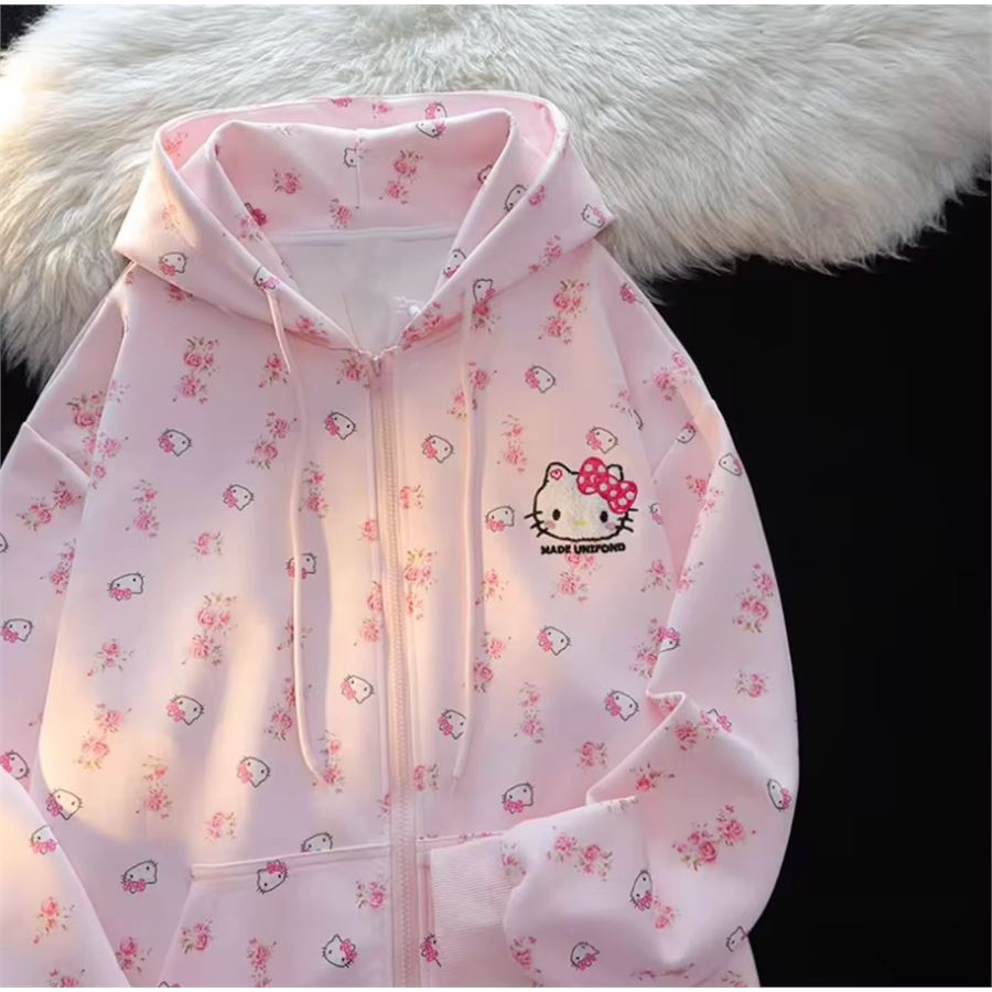 Pembe Hello Kitty Collage Fermuarlı Kapüşonlu Sweatshirt