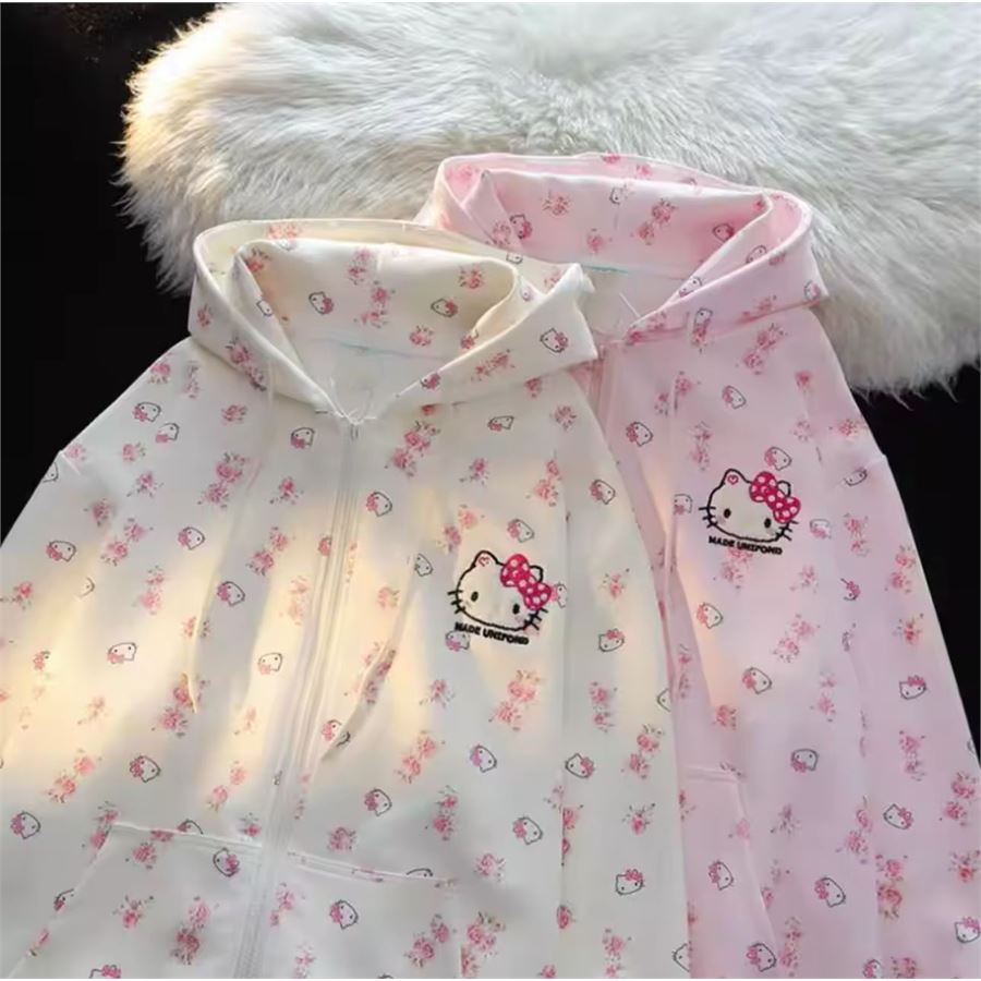 Pembe Hello Kitty Collage Fermuarlı Kapüşonlu Sweatshirt